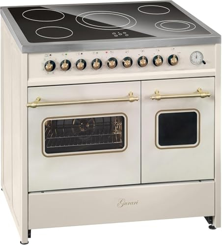 GURARI Cuisine électrique GCH E 912 DF Cr Rétro Cuisine 90 cm à Libre installation en Crèmes Vintage Design avec double four et plaque de cuisson en vitrocéramique à 5 zones, classe énergétique A