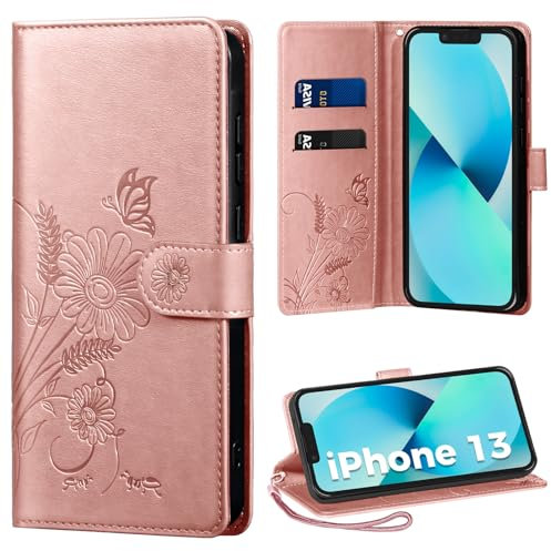 Thorhülle iPhone 13 Hülle, Schutzhülle PU Leder Flip Case Rosa mit Kartensteckplätzen, Magnetischer Verschluss, Standfunktion