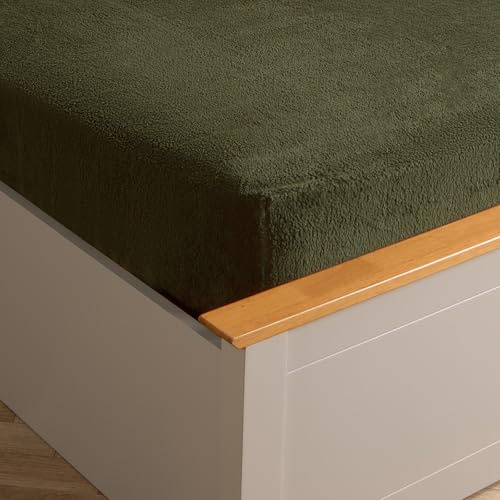 Brentfords Fleece Fitted Sheet King Size, Teddy Bedsheet Easy Care Ultra Soft Fade Resistant Winter Warm Teddy Bedding King Size Fitted Sheet Covers Bedding - Woodland Green