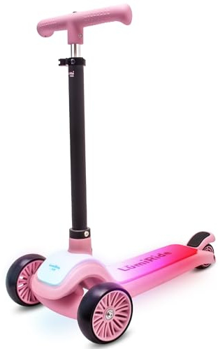LUMI Ride Kinderroller 3 Räder Balance LED Rosa 3+, Klappbar, Höhenverstellbarer Lenker, Fußbremse, Rutschfestes Trittbrett, Abnehmbarer Lenker