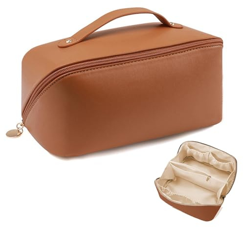 Open Flat Makeup Bag for Women, Large Capacity Make up Organiser Bag for Girls with Compartments & Handle PU Leather Waterproof Travel Cosmetic Bag for Woman Girl Toiletry Bag(Brown)