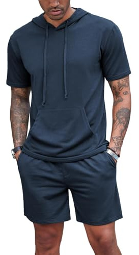 QUNERY Tute Estive Uomo Completo Uomo Estivo Spiaggia Tuta Da Tempo Libero 2 Pezzi Felpa con Cappuccio mit tasca + Pantaloncini Set Marina Militare L