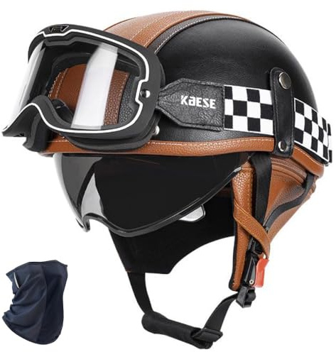 RHBDDHV Halbschalenhelm mit Brille Motorrad Halbhelm Klassisch ECE Zertifiziert, Retro Jethelm Leicht mit Schnellverschluss und Sonnenblende für Herren Damen, Chopper Moped Roller, M-XXL