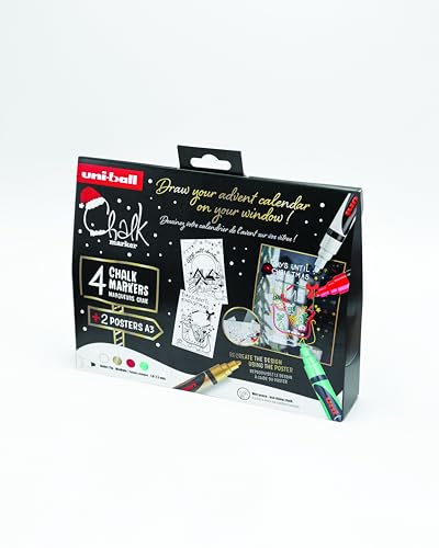 Uni Ball - Set Natalizio Pennarelli Lavabili Cancellabili per Vetro, Vetrine e Superfici Lucide, Set 4 Marcatori Punta Tonda 2,5mm e 2 Illustrazioni Tema Natale, Cartoleria Resistente a Pioggia e Luce