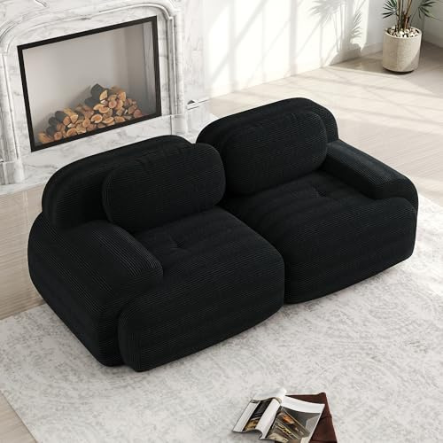 Divano modulare in cord in stile moderno, 2 posti, per soggiorno, con braccioli curvi, senza montaggio, fondo antiscivolo, imbottitura altamente elastica (Nero, 2 posti)