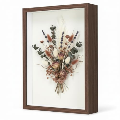 Marco de Fotos 3D para Rellenar, 21x29,7 cm, Marco de Objetos 3D,3 cm de Profundidad, Marco de, Caja de Sombra con Placa acrílica Transparente para Fotos, medallas,Regalos,Flores Seca(Nuez)