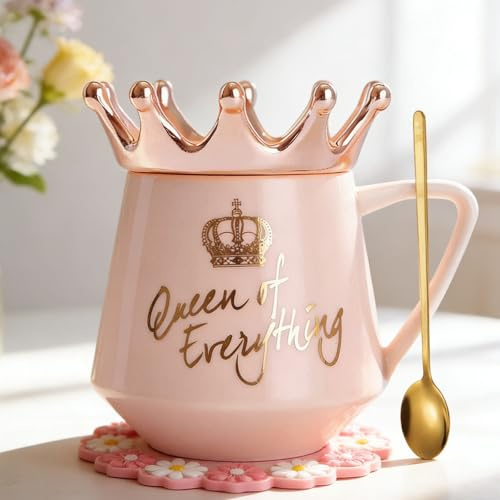 Busnos 350 ml drottning av allt rosa keramik tekopp med lock och sked roliga presenter till kvinnor flickvän bästa vän syster keramisk kaffekopp personlig för kvinnor