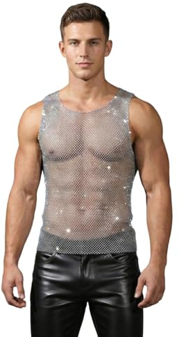 Canotta da uomo in rete con strass, trasparente, da fishnet, sexy, cropped, maglietta a maniche corte, con brillantini, senza maniche, Hollow Cut Party Clubwear per festival musicali, carnevale