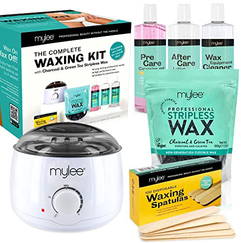 Mylee Professional Komplett-Wachsset mit Wachserhitzer, Hartwachs 500 g, Applikatorspatel, Vor- und Nachpflegegel, Gerätereiniger (Holzkohle und grüner Tee)
