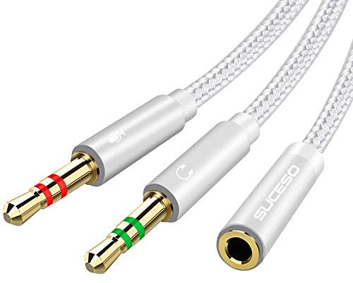 SUCESO Audio Splitter Y Adapter 3.5mm Buchse auf Doppel 3.5mm Klinkenstecker Headset Mikrofon Adapter Audio Splitter Kabel kompatibel mit Kopfhörer, PC, PS4, Gaming Headset, Laptop usw - 35cm(Silber)