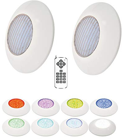 Foco Piscina Led 25W RGB 12 Colores Pack 2 + Mando - Instalación en Superficie de Piscina 2250 lumens Alta luminosidad - Slim Plus Nuevo DISEÑO Multicolor con tecnologia RGB - 12V Ø205 x 90mm