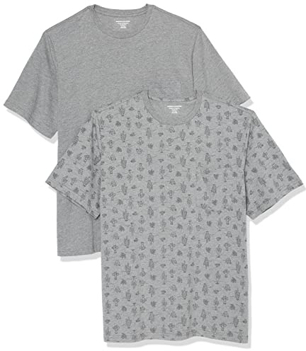 Amazon Essentials Camiseta con Bolsillo de Cuello a la Caja y Manga Corta Hombre, Pack de 2, Estampado de Cactus/Gris Mezcla, M
