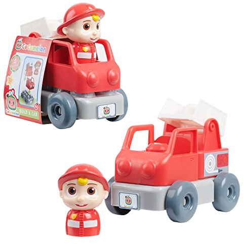COCOMELON, Véhicule avec Figurine, 4 pièces, Construction à Briques, Modèle J.J Camion de Pompier, Jouet pour Enfants dès 18 Mois, CCM131