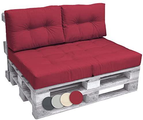 Beautissu Set Palettenkissen Outdoor 1x Sitzkissen 120x80cm & 2X Rückenkissen 60x40cm – Sitzkissen Paletten Möbel Couch Sofa Europaletten Auflagen Palettensofa Palettenmöbel Kissen Balkon Lounge Rot
