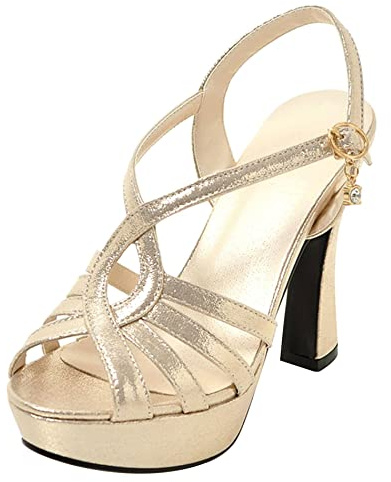 Lroey Reoly Sandalias para Mujer de Tacón Alto, Sandalias Punta Abierta Moda Tacón Luis XV Zapatos de Fiesta con Plataforma Hebilla Lentejuelas 107 Oro Talla 40 EU