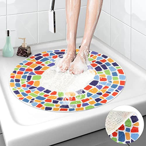 Shower Mat Non Slip, Round Shower Mats for Inside Shower 60cm, Bath Mat for Inside Bath Anti Mould, Soft Loofah Shower Massage Mat Bathroom Floor Mat with Anti-slip Grid Bottom, Quick Dry