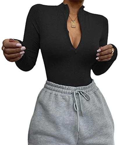 Faringoto Body moulant à fermeture éclair solide pour femme Col montant Manches longues, Noir , S
