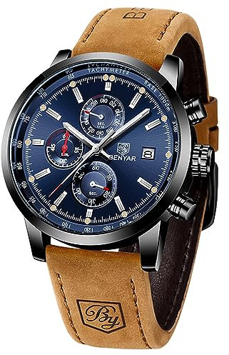 Uhren Herren BENYAR Chronograph Quartz armbanduhren für Herren Uhr Schwarz Zifferblatt Military Sport Armbanduhr mit Leder Armband 30m Wasserdicht Elegantes Geschenk für männer