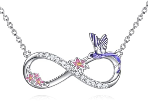 YAFEINI kolibri halsband 925 sterlingsilver kolibri oändlighet hänge med röd klockblomma kolibris smycken presenter för kvinnor flickor, Sterlingsilver, Kubisk zirkonia