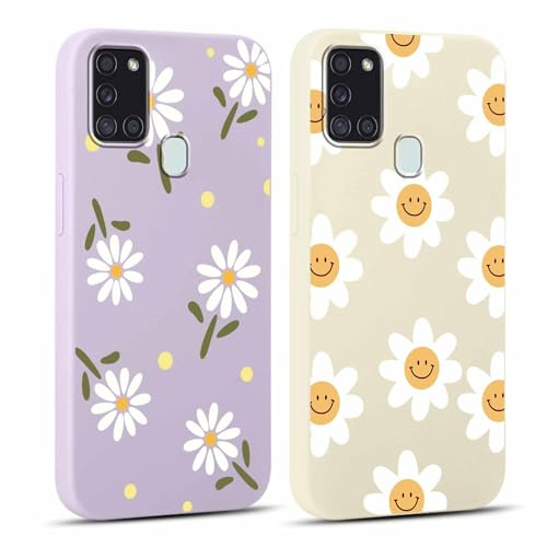 Yoedge 2 Stück HandyHülle für Samsung Galaxy A21s 4G Hülle 6,5, Mädchen Schutzhülle Blumen Muster Aesthetic Design,Frauen Geschenk Weich Silikon Stoßfest Cover Case für Samsung A21s 4G, Lila Blume