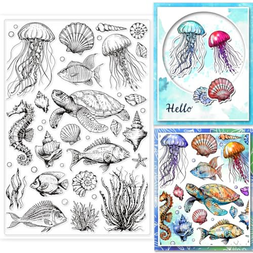 GLOBLELAND Transparente Stempel Mit Meeresleben Hintergrund Meerestiere Transparente Gummistempel Silikonstempel Für DIY Scrapbooking Fotoalbum Dekorativ 6.33x4.3 Zoll