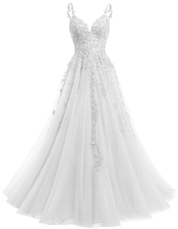 Beyonddress Abito da Sera con Paillettes in Tulle, Lungo, con Applicazioni in Pizzo, Scollo a V, per Cerimonia, per Donne, Abito da Festa, bianco, 54