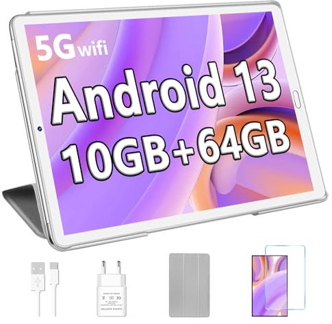YESTEL Tablet 10 Pulgadas Android con 10GB RAM + 64GB ROM Ampliable 1TB – WiFi 5G, CPU 8 Núcleos, Cámara 5MP + 8MP, GPS, BT 5.0, USB-C – Tablet para Estudiar y Trabajar con Funda – Plata