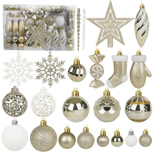 Miaikoe 135 Pcs Weihnachtskugel Ornamente Set, bruchsichere Kunststoff Verschiedene vorgebundene Weihnachtskugeln für Weihnachtsbaum Hängende Dekorationen Festival Party Feiertag Dekor (Champaign)