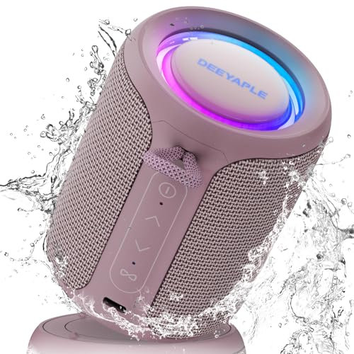 Deeyaple Bluetooth Lautsprecher Klein Tragbarer Musikbox 5.3 IPX7 Wasserdicht Kabellose Stereo Pairing Freisprech RGB Licht für Outdoor Camping Garten Party Reise (Rosarot)