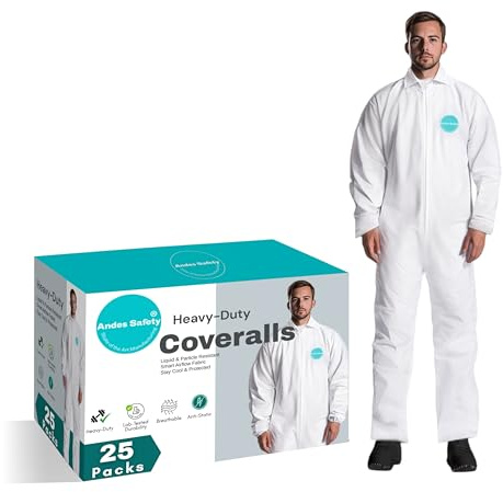 Andes Safety 25 Pack Hazmat Suits, Heavy Duty Full Body Paint Suits, Disposable Protective Coveralls with Collar, Non-Elastic Wrists and Ankles (5X)