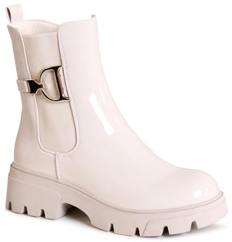 topschuhe24 3110 Damen Plateau Stiefeletten Lack Chelsea Boots, Farbe:Beige, Größe:37 EU