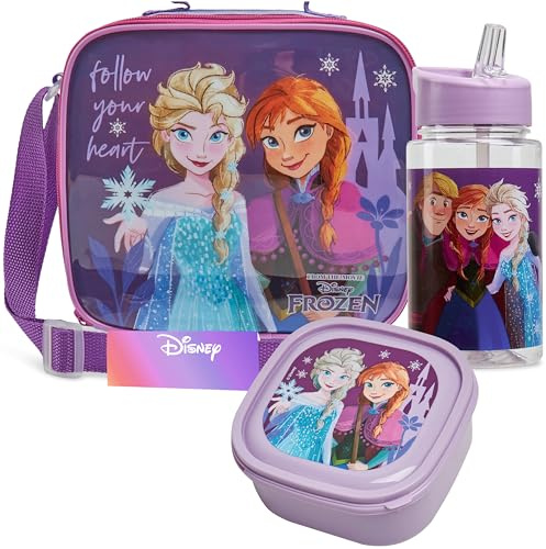 Get Trend Disney Frozen Lunch Bag Set for Kids 3 Pcs with Snack Lunch Box BPA Free 400ml Water Bottle Insulated Bag Travel Picnic Nursery School Supplies (Frozen)