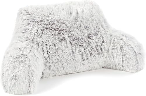 Downland Huggleland Long Hair Cuddle Cushion - Soft Reading Pillow with Arms for Adults, Backrest Support Pillow for Bed, Chair & Armchair Reading Cushion (Grey) - 45H x 39D x 89W cm