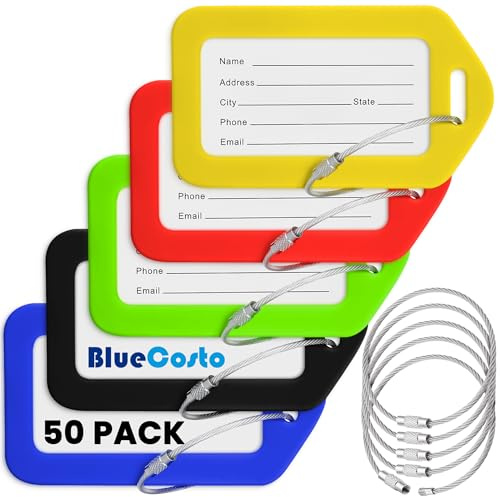 BlueCosto - Luggage Tags - Multicoloured, 50 Pack - Suitcase Tags with Name ID Card & Heavy-Duty Metal Wire Loops - Bright Coloured PVC Identifiers for Travel Baggage - Backpack Name Labels