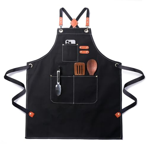 FortuWrap Tablier de Cuisine Professionnel en Toile, Imperméable et Réglable, avec Poches – Tablier de Travail pour Homme et Femme, Chef, Serveur, Barbecue, Peinture, Jardin, Restaurant(Noir)