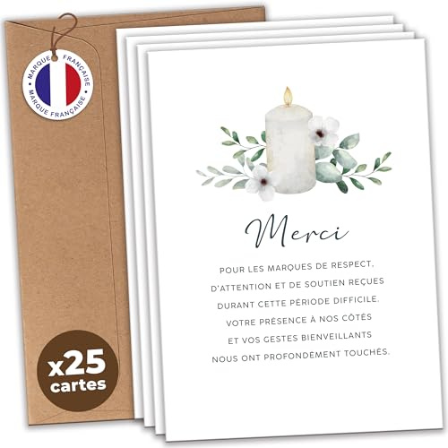 aliceandberry Cartes Remerciement Deuil Décès Obsèques Enterrement - Lot 25/50/75 + Enveloppes - Papier 400g - Design Sobre Élégant Fleurs Bougie Étoile - Marque Française (Lot de 25, Bougie)