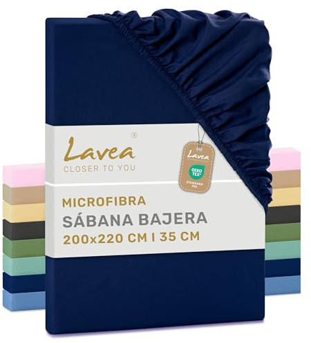 Lavea® Sábana Bajera 200x220 cm – Microfibra Suave y Transpirable – para Colchones de hasta 35 cm – con Elástico en Todo el Contorno – Certificada Oeko-Tex – Azul Marino