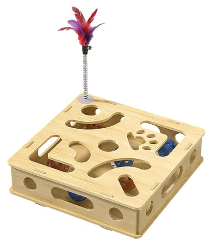 Cat Intelligence Maze Box Interactive Puzzle Toy with Bell and Treat Compartments for Mental Stimulation and Boredom Relief Encouraging Natural Foraging Behavior During Indoor (Natural Wood Tone A)