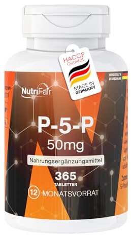 P-5-P 50mg - 365 Tabletten mit je 34mg aktivem Vitamin B6 - Pyridoxal-5-Phosphat - Hochdosiert - 100% Vegan – Deutsche Produktion & Laborprüfung - NutriFair | Premium & Fair