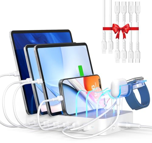 SooPii 90W Charging Station for Multiple Devices, 6 Port Multi USB C Charger Station with 6 Mixed Short Cables,PD 20W Charging Dock for lPhone,Galaxy,iPad,Tablet and More Electronic Devices, White