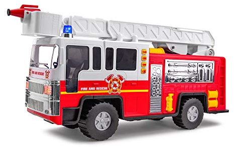 Playkidiz 15-Zoll-Feuerwehrauto-Spielzeug für Kinder – klassisches rot-weißes rollendes Notfallfahrzeug, bewegliche Leiter für interaktives Spielen – früh lernende Jungen oder Mädchen