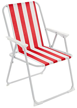 Harbour Housewares Folding Beach Deck Chair - Red Stripe - Pack of 1 - Metal Outdoor Patio Seat Lightweight Portable Deck Chair for Picnic, Garden, Camping, Fishing