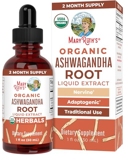 MaryRuth Organics Ashwagandha Root | USDA Organic Ashwagandha Liquid Drops | Stress Relief, Natural Calm, Relaxation and Mood Support Supplement | Adaptogenic | Nervine | Vegan | Non-GMO | 60 Servings