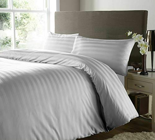 Hanfords Satin Stripe 400 Thread Count 100% Egyptian Cotton Duvet Cover Bedding Set Hotel Quality With Pillowcases 400TC (Grey Silver, Double)