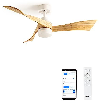 CREATE / WINDLIGHT CURVE DC/Ventilatore da soffitto con WIFI con luce, motore DC bianco, con pale in legno naturale/Silenzioso, timer