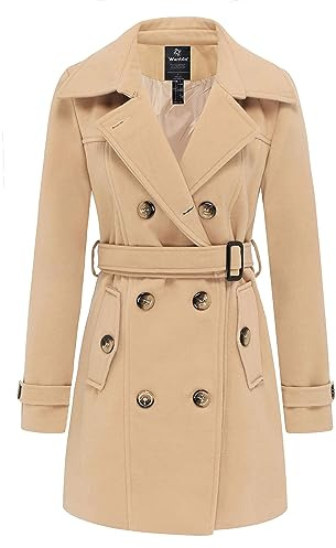 Manteau Femme Wantdo en Laine Mélangée à Double Boutonnage Manteau Hiver Chic Manteau Chaud Mi-Long Épaulette avec Ceinture Kaki-X 38