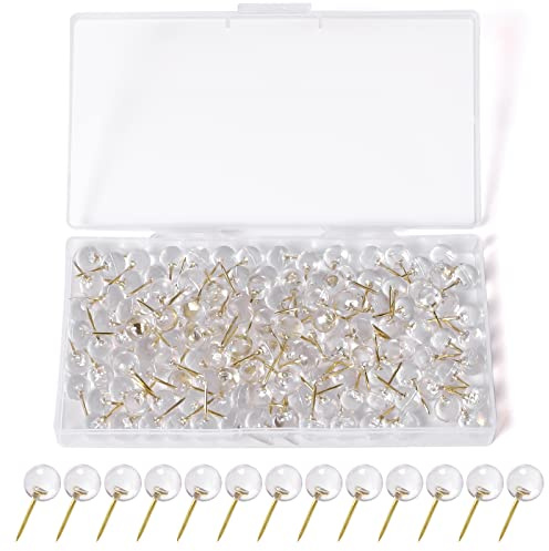 JIMSUMM 150 PCS Push Pins, Standard Plastic Thumb Tacks, Head Steel Point Thumb Tacks for Wall, Transparent Plastic Round Head for Bulletin Board, Crafts and Office Organization (Gold)