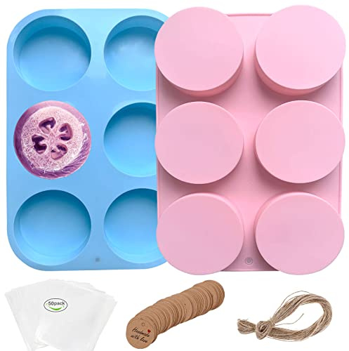 Stampi rotondi per sapone per la produzione di sapone, 2 stampi in silicone a 6 cilindri di grandi dimensioni da 113,4 g, per sapone luffa, bombe da bagno, vapore, barre per lozioni