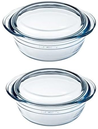 Ôcuisine® Casserole Glass Round Dishes with Handles | Extreme Resistance | Oven Safe - Freezer Safe - Microwave Safe | Borosilicate Glass | Made in France (Set of Two 1.4LT)