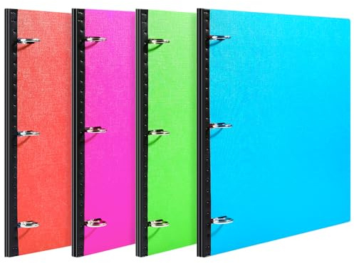 MAKHISTORY Telescoping 3 Ring Binder-4PCS, Flexible Binder with Elastic Rubble Spine+3 Round Rings, Flat Writing Binder, 4 Bright Colors